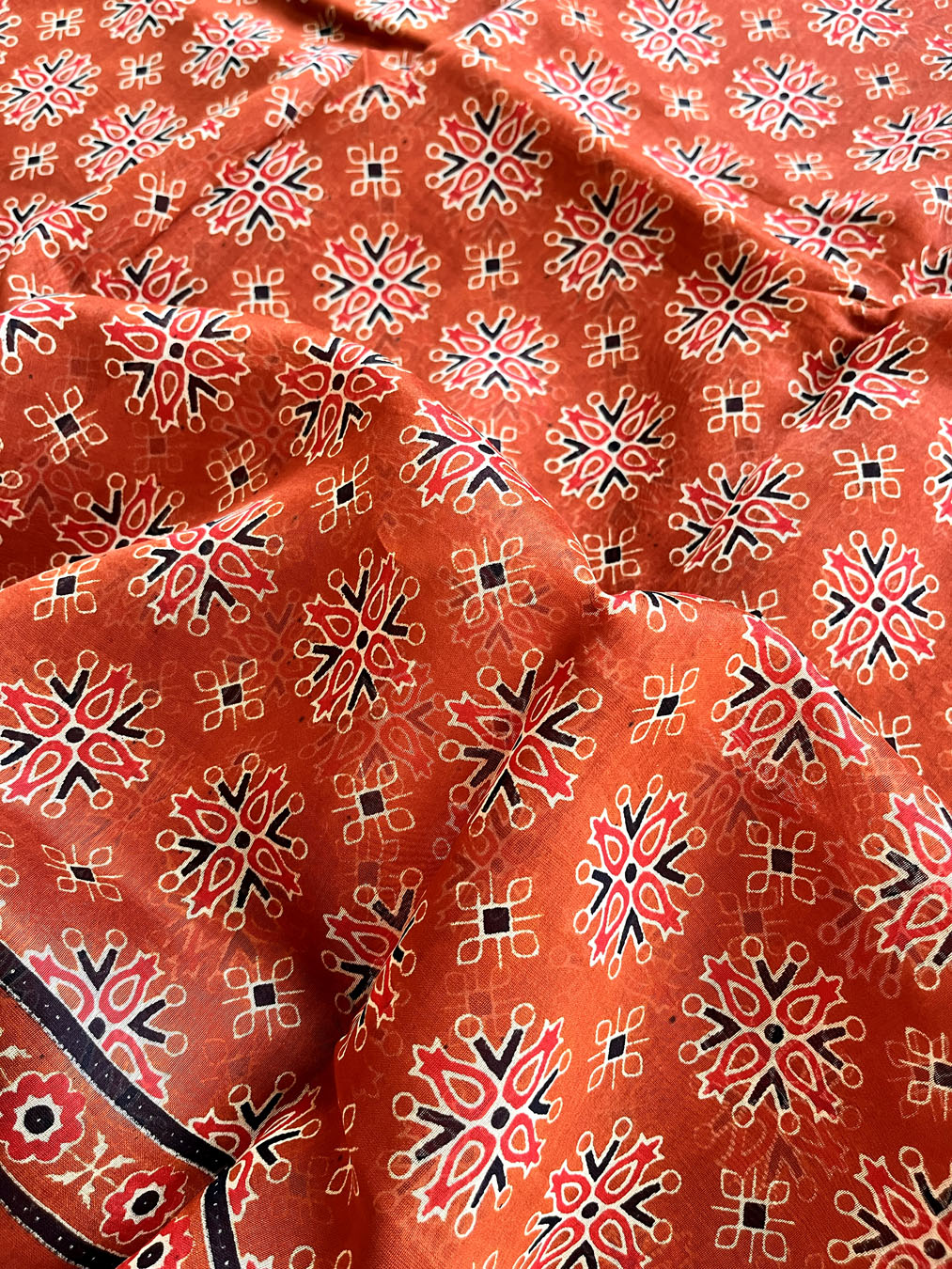 Chanderi Cotton Silk Ajrakh Print Saree - Rust Orange