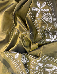 Shantiniketan Hand Embroidery Kantha Stitch Saree - Mehandi Green