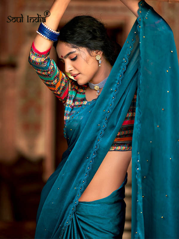 Chiffon Crystal Embellished Saree With Lace -Teal Blue