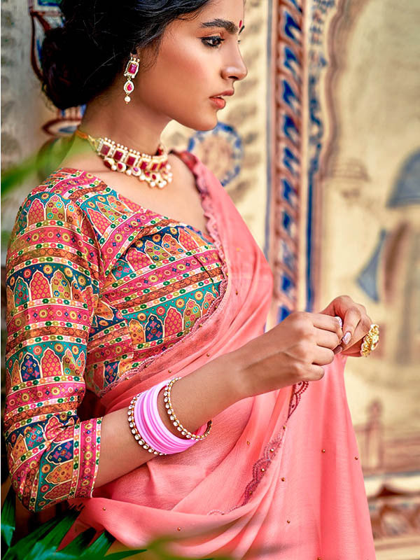 Chiffon Crystal Embellished Saree With Lace-Peachy Pink