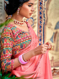 Chiffon Crystal Embellished Saree With Lace-Peachy Pink