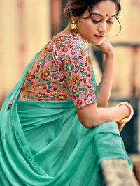 Chiffon Crystal Embellished Saree With Lace - Cyan