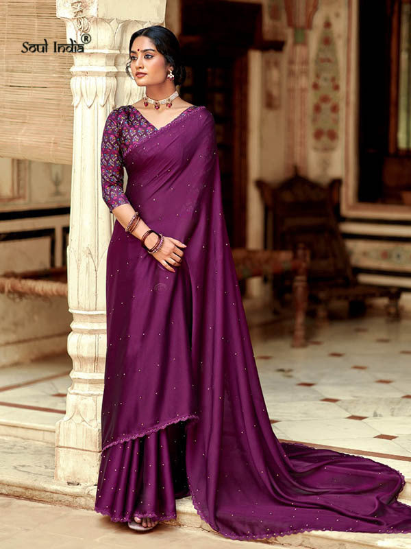 Chiffon Crystal Embellished Saree With Lace - Purple