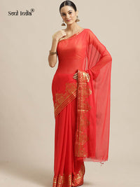 Chiffon Saree With Zari Work Border - Red