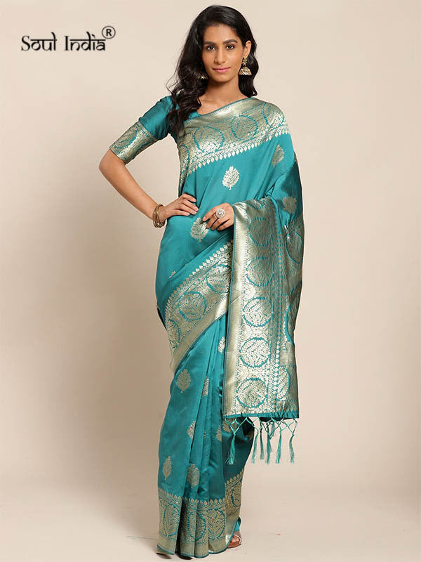 Silk Saree With Zari Work- Cyan