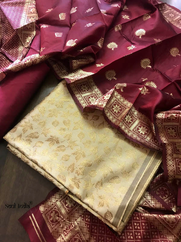 Brocade Suit Fabric With Banarasi Work Stole : Beige