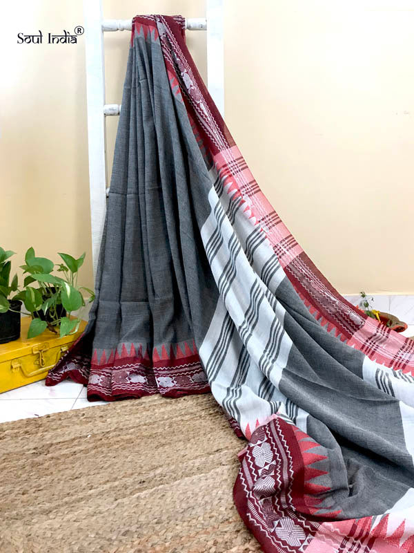 Handloom Khadi Cotton Saree With Woven Border-Grey