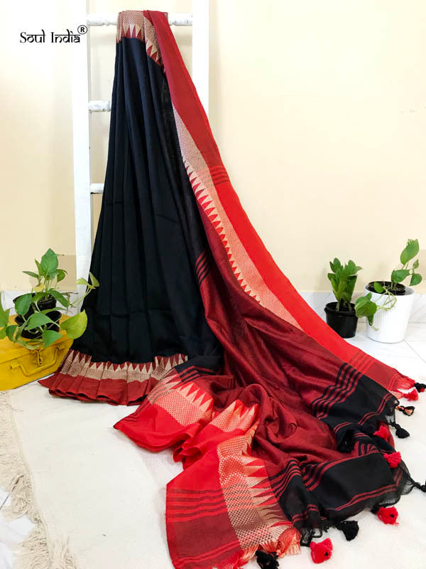 Handloom Khadi Cotton Saree With Woven Border- Black