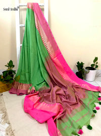 Handloom Khadi Cotton Saree With Woven Border- Green