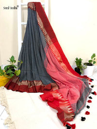 Handloom Khadi Cotton Saree With Woven Border- Grey