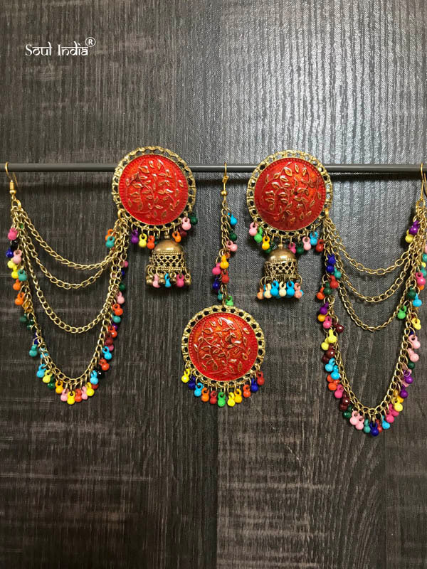 Afghani Metal Earrings With Maangtika - Red