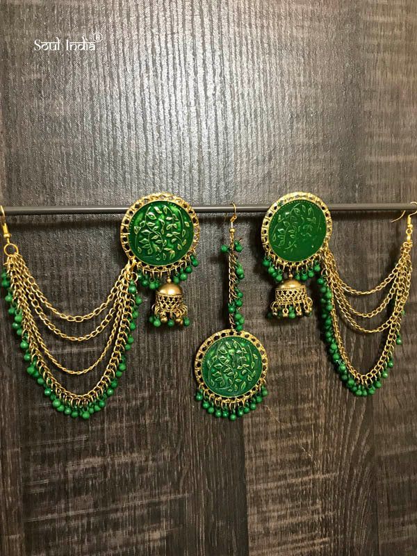 Afghani Metal Earrings With Maangtika - Green