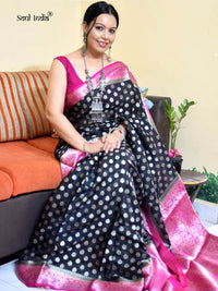 Semi Georgette Benarasi Work Saree- Black & Pink