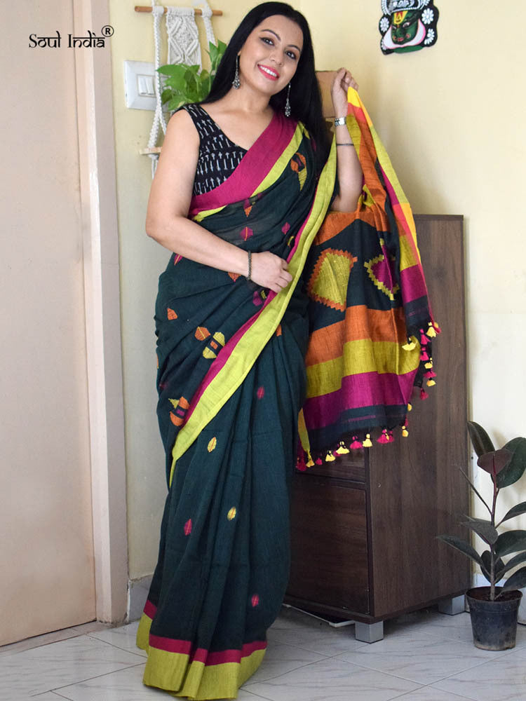 Handloom Khadi Cotton Saree With Woven Design - Bottle Green