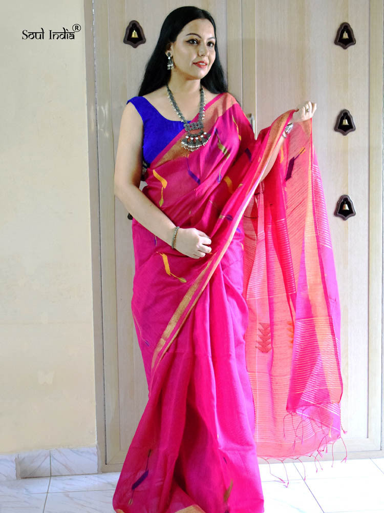 Handloom Silk Cotton Saree Jamdani weave Saree -Magenta