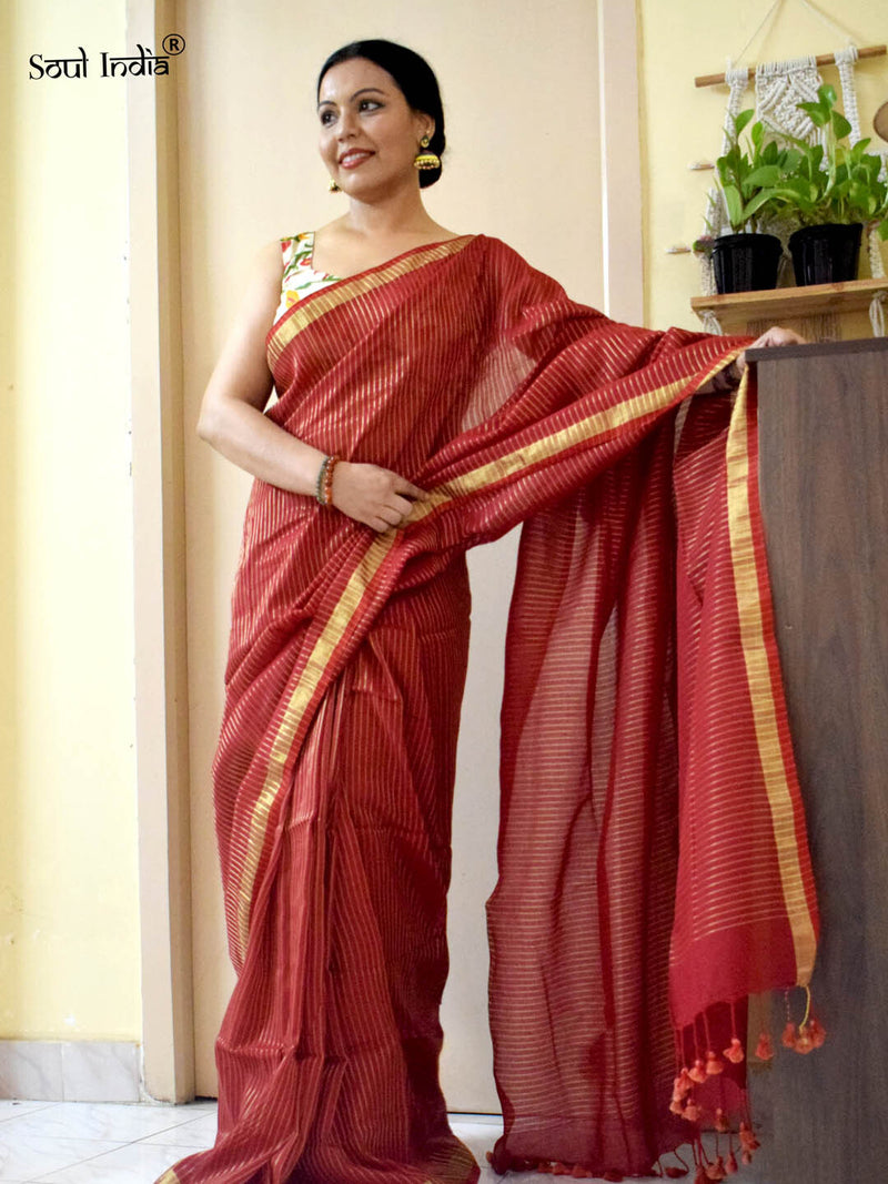 Handloom Mulmul Cotton Saree With Woven Design- Red