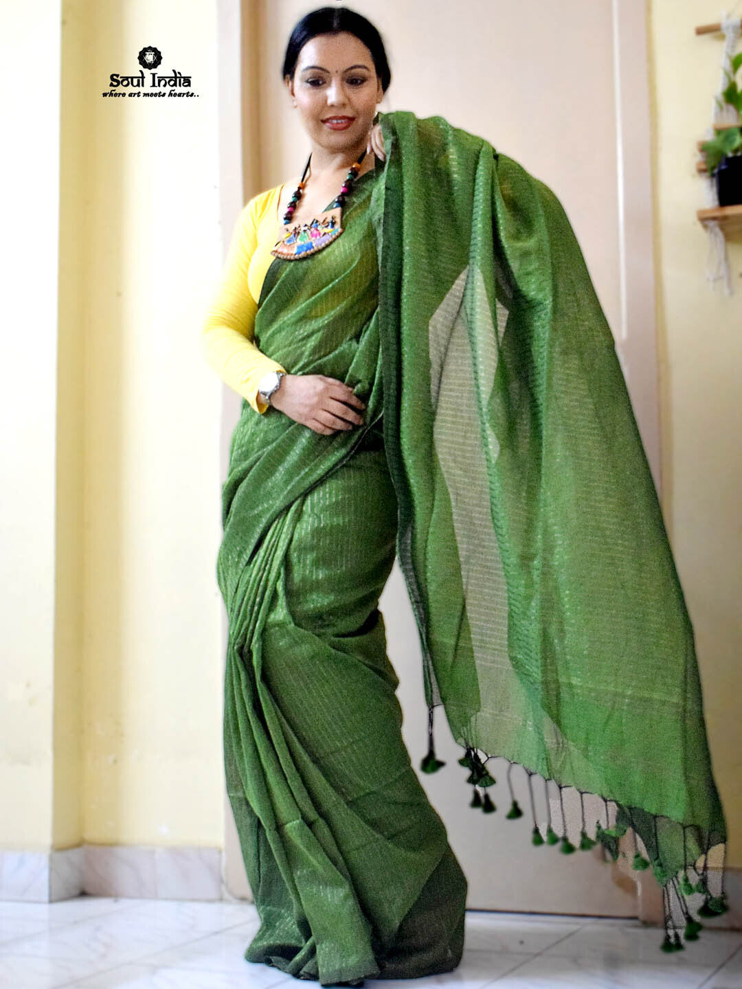 Handloom Mulmul Cotton Saree With Woven Design- Green