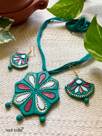 Handmade Terracotta Jewellery Set- Cyan