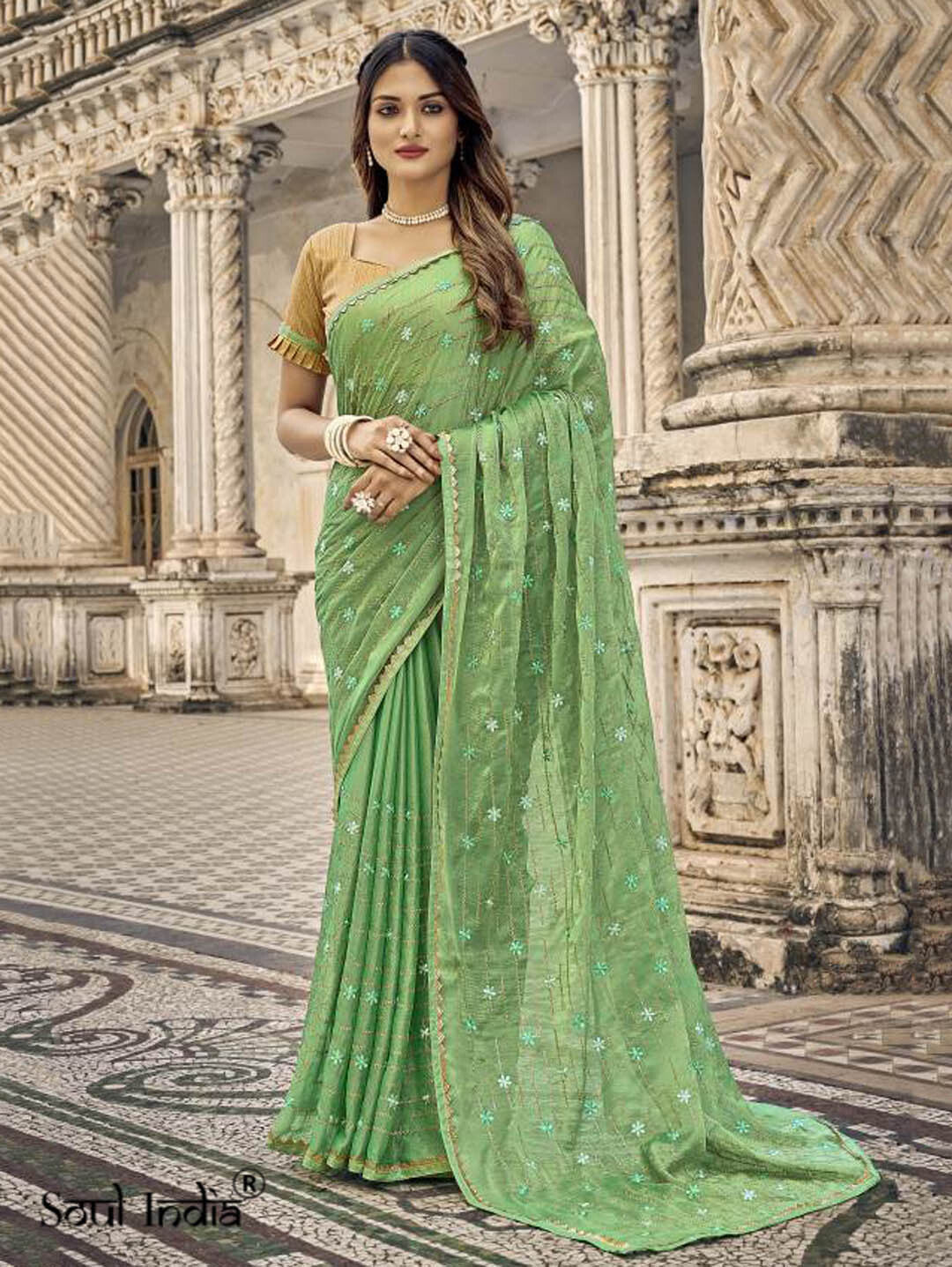 Party Wear Heavy Work Georgette Saree - Light Green