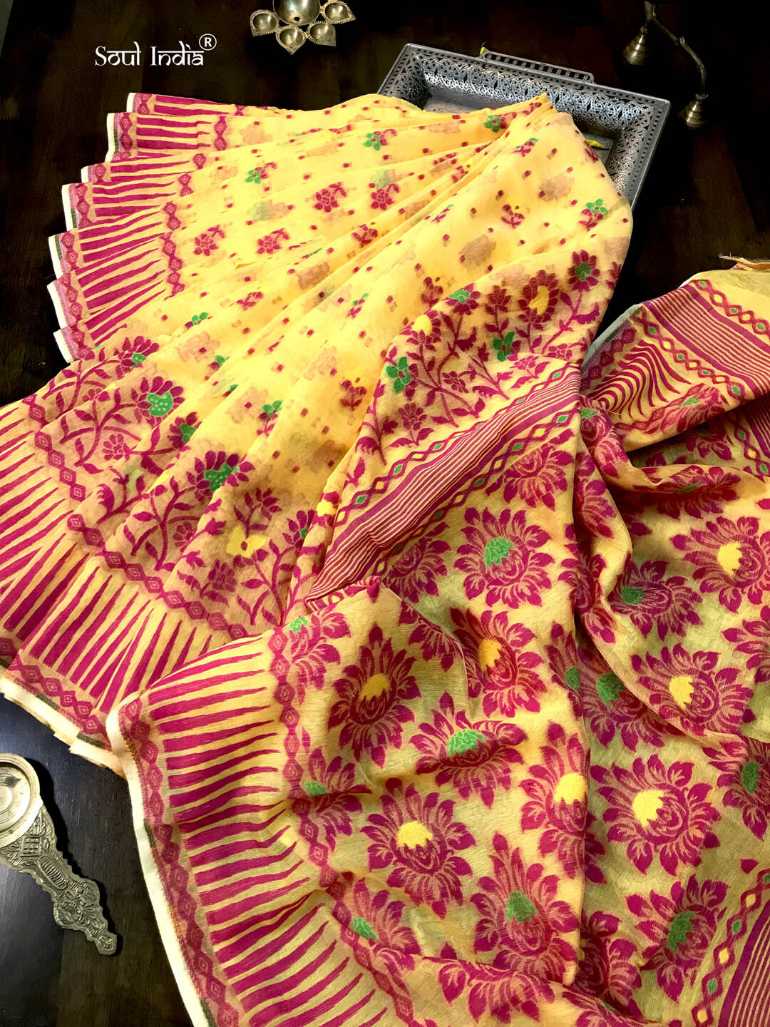 Jamdani Saree with all over Floral work- Yellow & Red