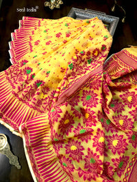 Jamdani Saree with all over Floral work- Yellow & Red