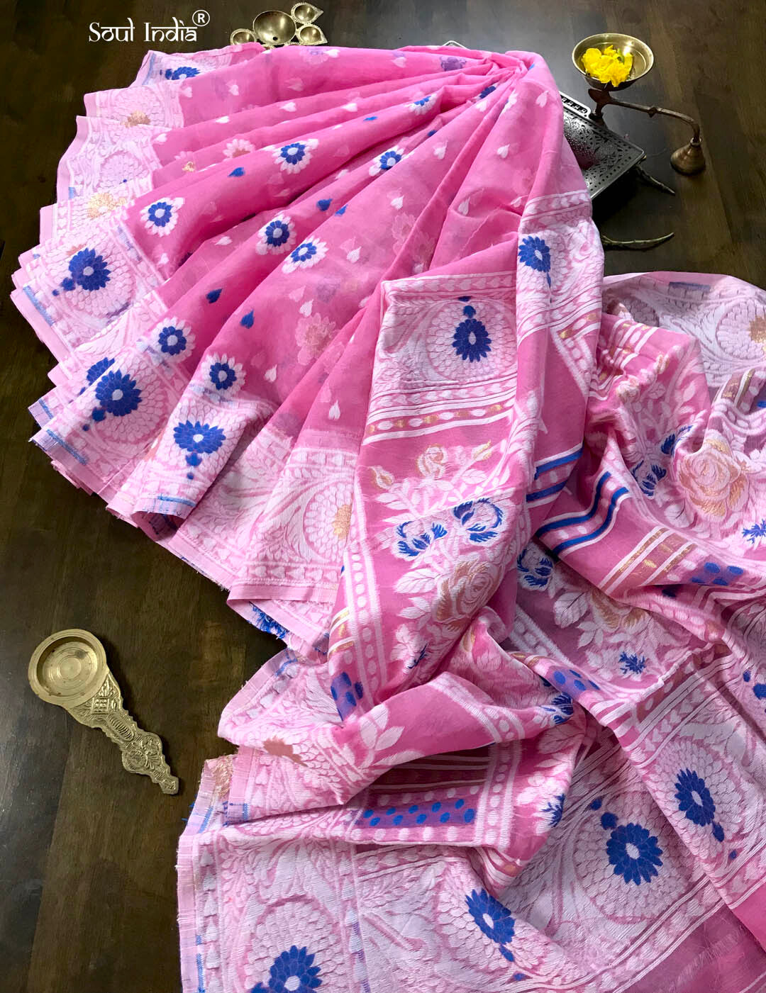 Jamdani Saree with all over Floral work- Baby Pink