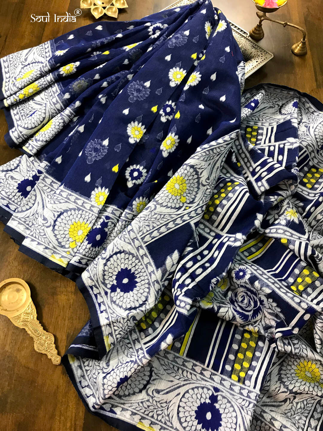 Jamdani Saree with all over Floral work- Deep Blue