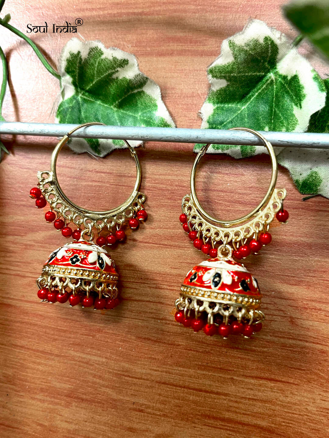 Designer Meenakari Beaded Loop Jhumka Earrings - Red