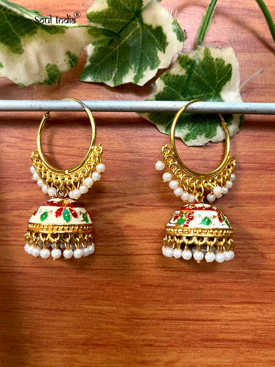 Designer Meenakari Loop Jhumka Earrings - Red & White