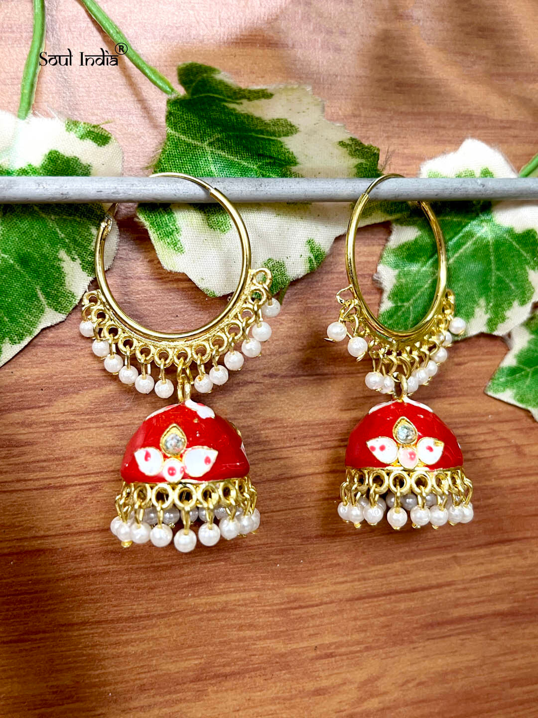 Designer Meenakari Loop Jhumka Earrings - Red & White