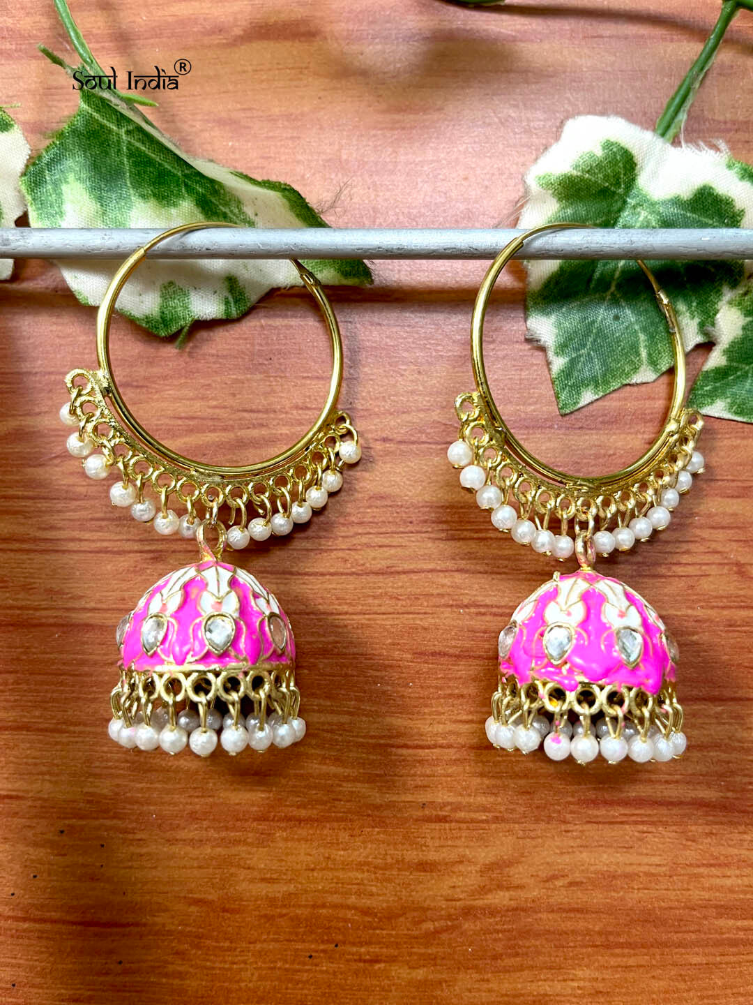 Designer Meenakari Beaded Loop Jhumka Earrings - Pink