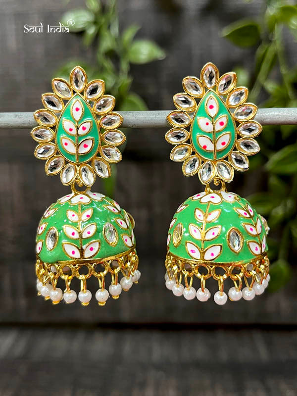 Designer Meenakari Kundan Jhumka Earrings - Light Green