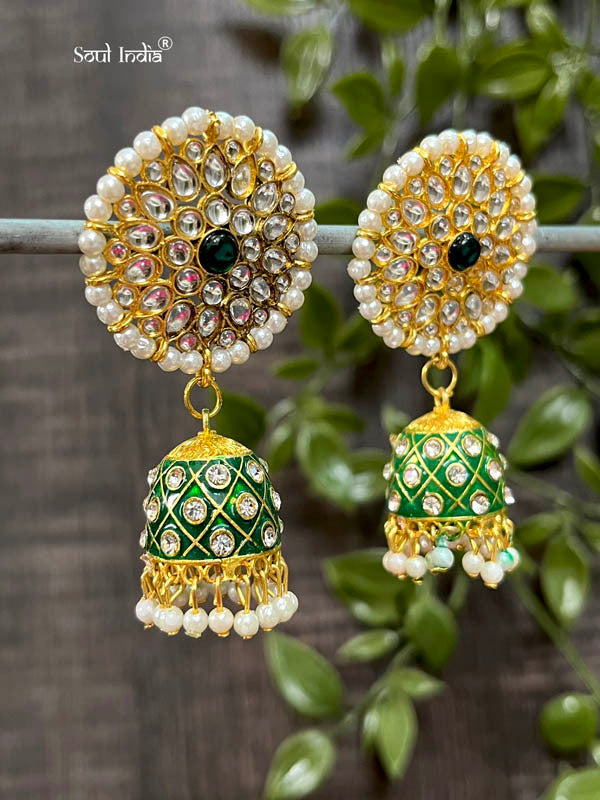 Designer Meenakari Kundan Jhumka Earrings - Deep Green & Golden