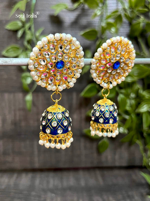 Designer Meenakari Rajwadi Kundan Jhumka Earrings - Deep Blue & Golden