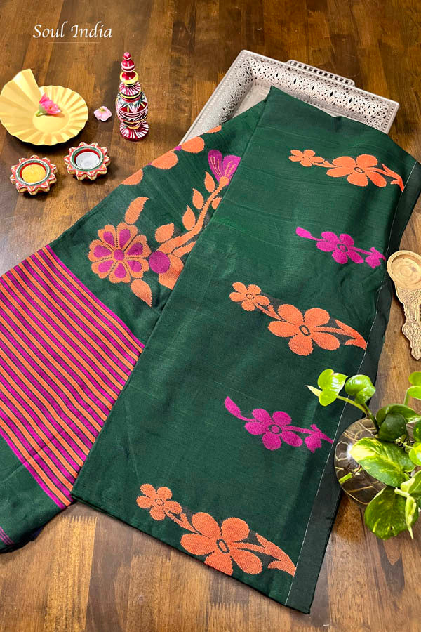 Tropicanaa - Hand-spun Handloom Cotton Saree - Bottle Green