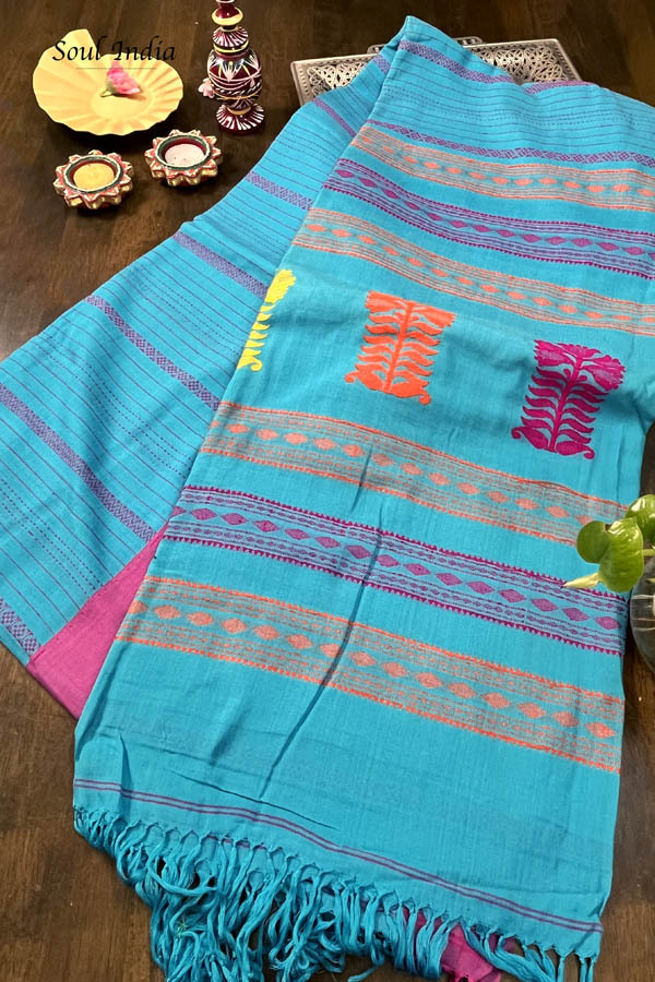 Neel Akash - Handloom Mercerised Cotton Saree With Manipuri Weave -Blue