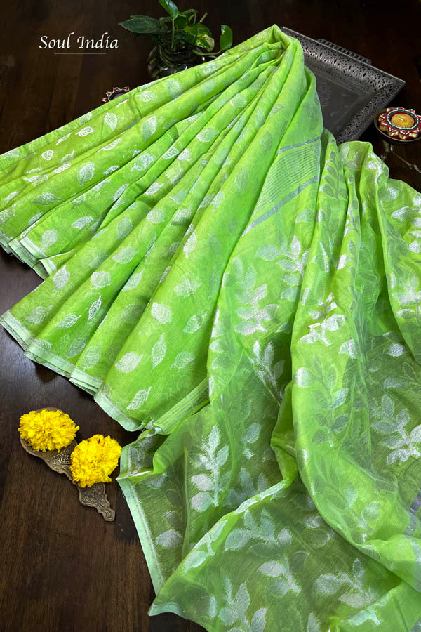 Jamdani Saree with all over Floral work- Light Green