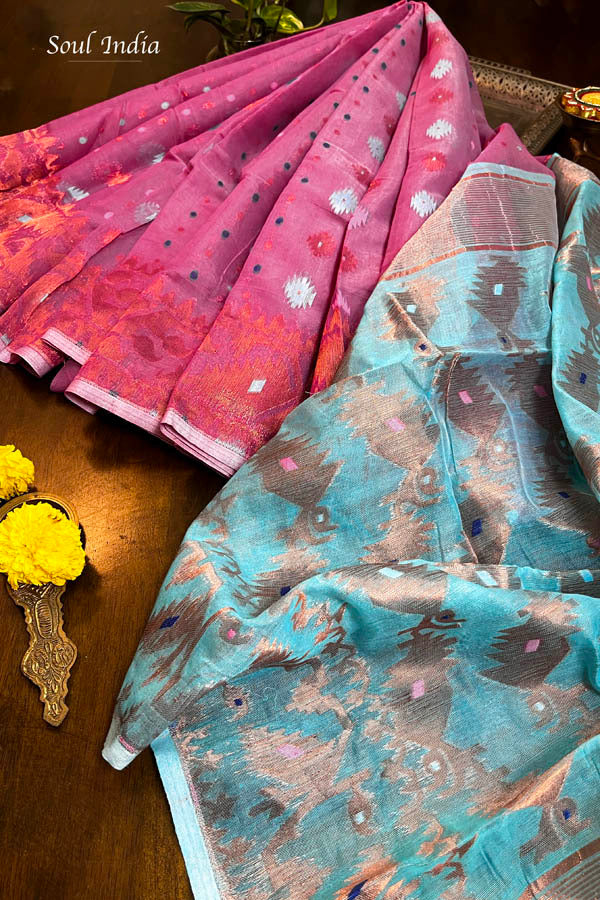 Jamdani Saree with all over Floral work-  Pink & Cyan