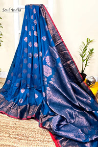 Handloom Khadi Linen Banarasi Saree With Muted Zari Work- Blue