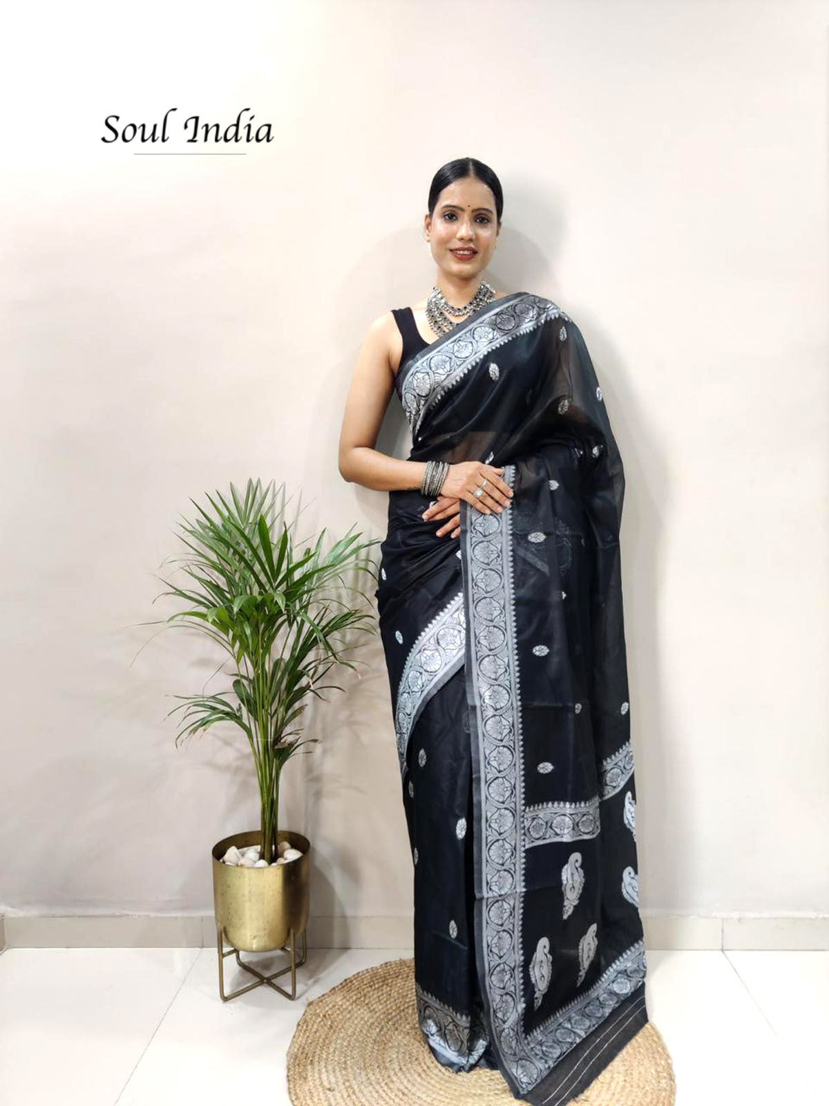 Soft Slub Cotton With Woven Design- Black