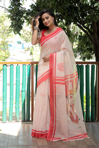 Linen Blend Digital Print Festive Saree- Red & White