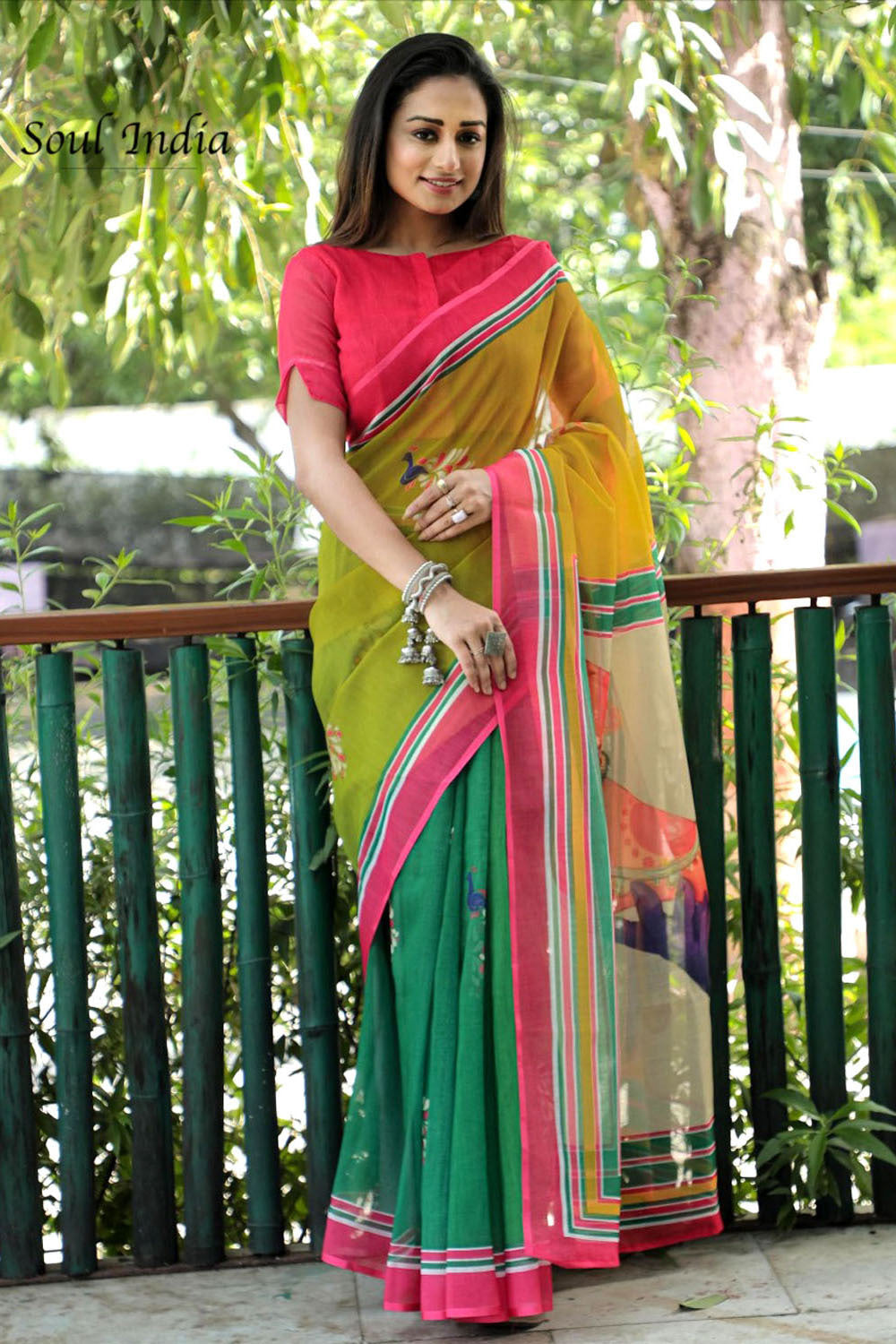 Linen Blend Digital Print Festive Saree- Green