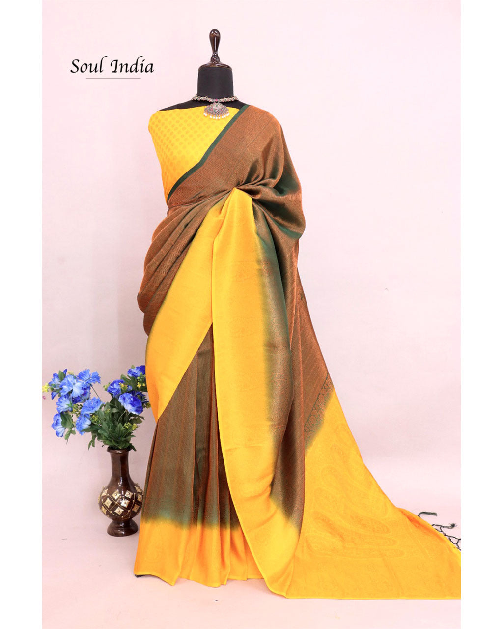 Silk Banarasi Zari Work Rich Broad Copper Zari Saree - Brown & Yellow