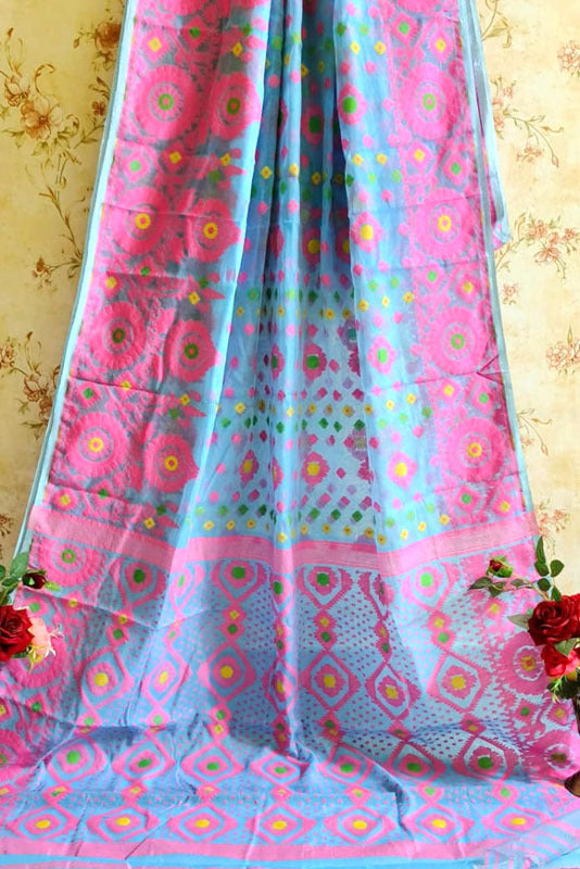 Jamdani Saree with all over Floral work- Cyan