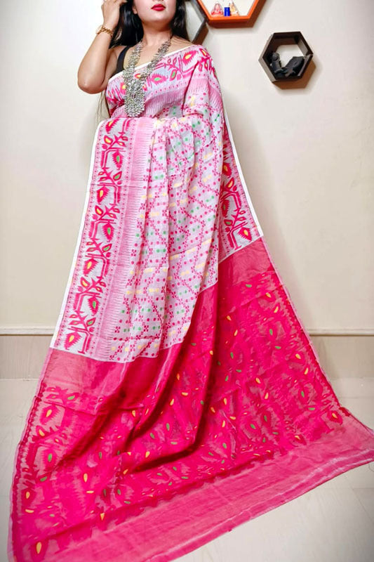 Jamdani Saree with all over Floral work-  Off White & Pink