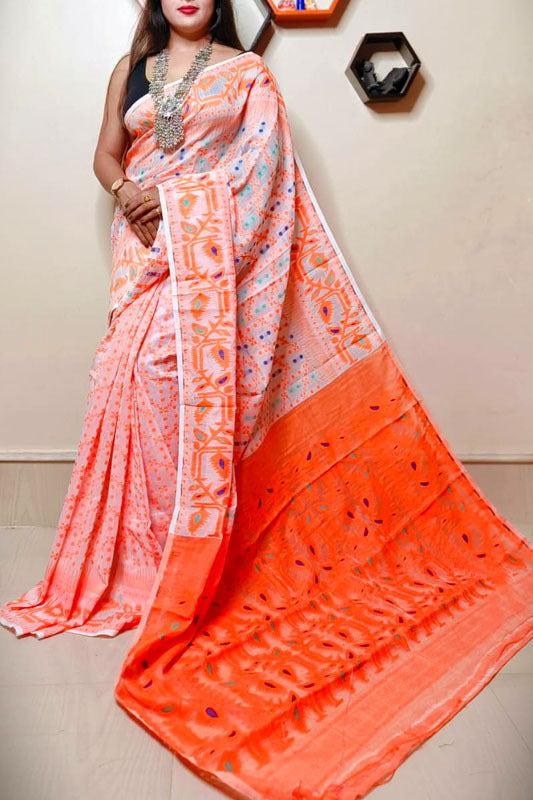 Jamdani Saree with all over Floral work-  Off White & Orange