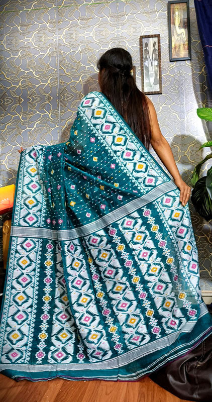 Jamdani Saree with all over Floral work-  Cyan