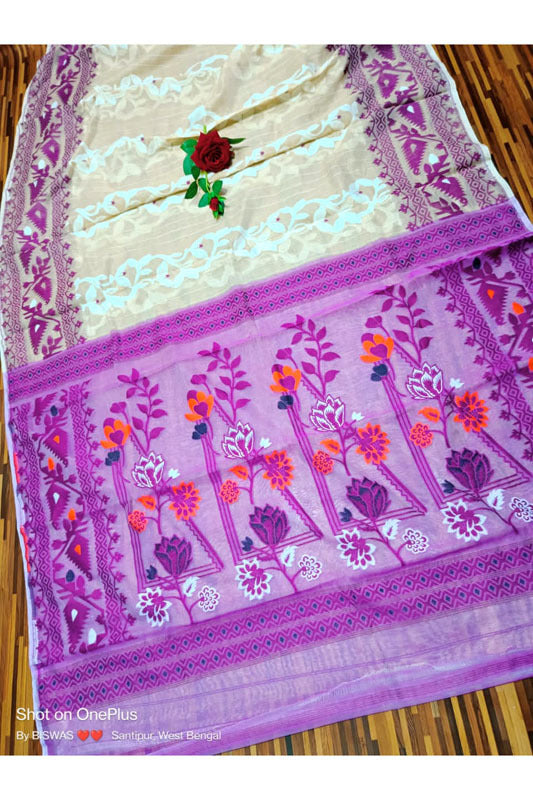 Jamdani Saree with all over Floral work-  Cream & Purple