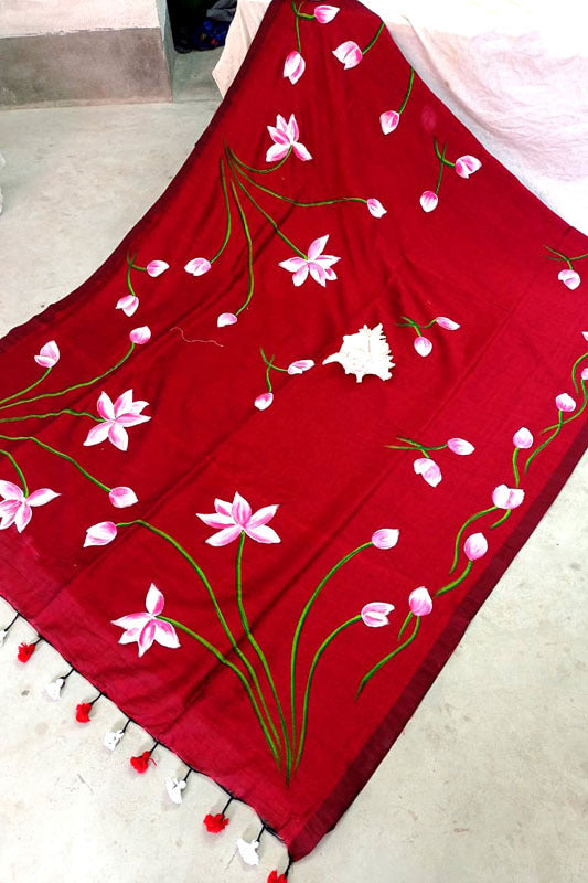 Soft Cotton With Hand-painted  Floral Design-Red