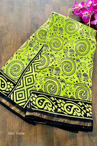 Chanderi Cotton Silk Warli Print Saree - Green